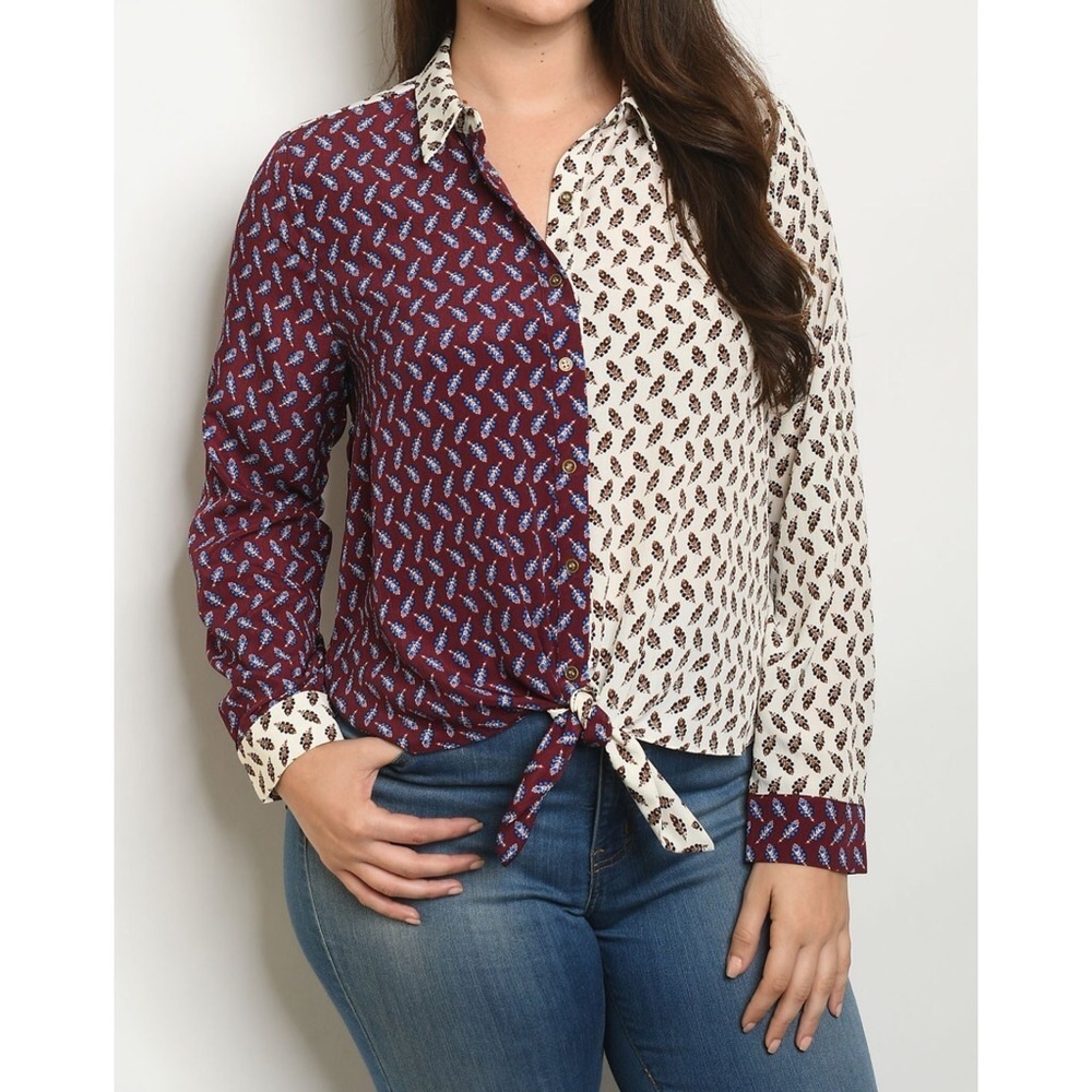 WINE & IVORY PRINT BLOUSE WITH ROLL TAB SLEEVES - Picture 1 of 2